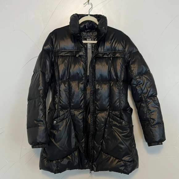 ADD Down Women’s Black Belted Longline Jacket EUC US12 - Picture 1 of 10